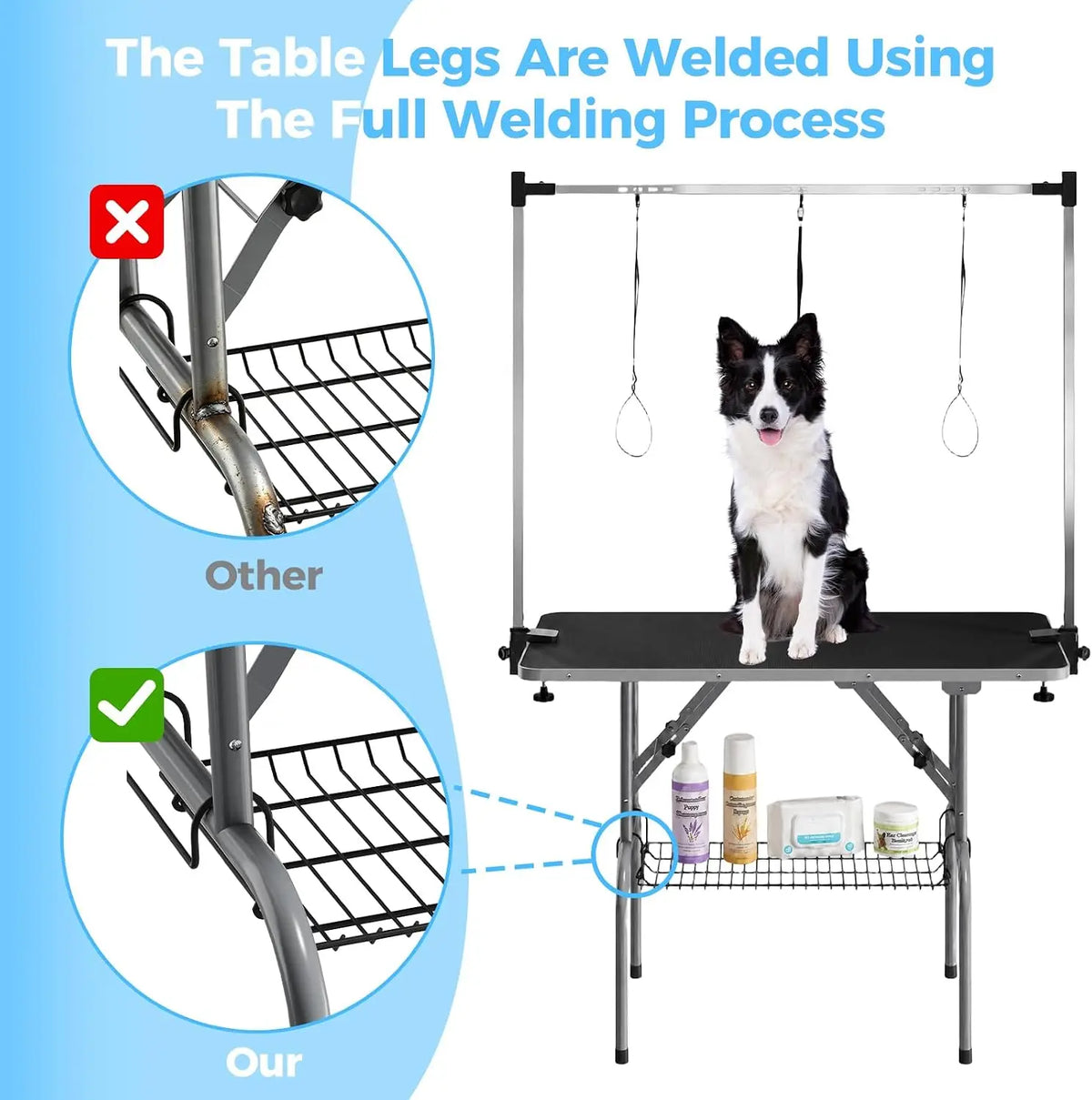 Garvee 42Inch Foldable Dog Grooming Table Professional Pet Grooming Station 350lbs Stainless Steel Table Adjustable H Arm Mesh Storage Basket Waterproof Anti-Slip Top, 3 Safety Nooses for All Dogs