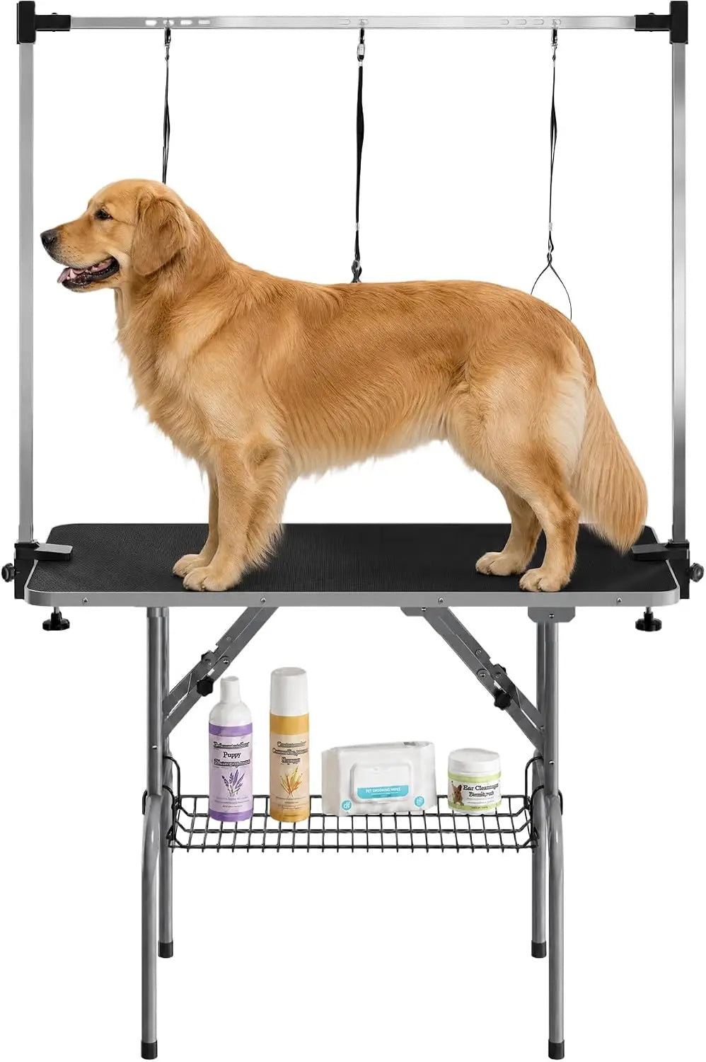 Garvee 42Inch Foldable Dog Grooming Table Professional Pet Grooming Station 350lbs Stainless Steel Table Adjustable H Arm Mesh Storage Basket Waterproof Anti-Slip Top, 3 Safety Nooses for All Dogs