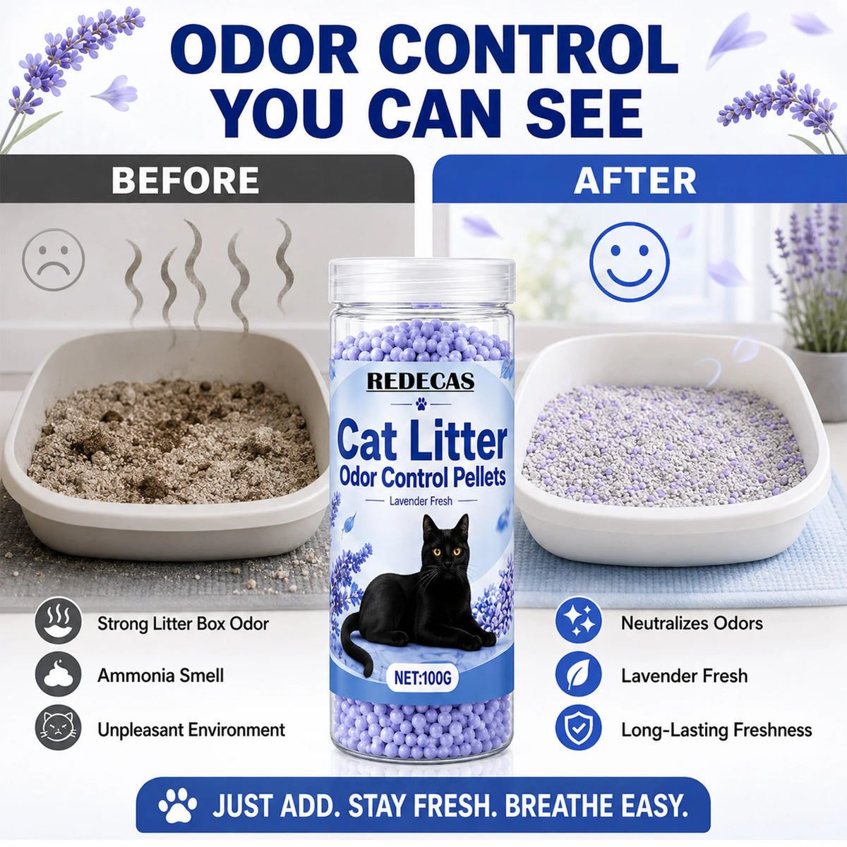 Lavender‑scented Cat Litter Deodorizer Granules, Litter Box Freshener, Reduces Bad Odors & Keeps Litter Area Fresh