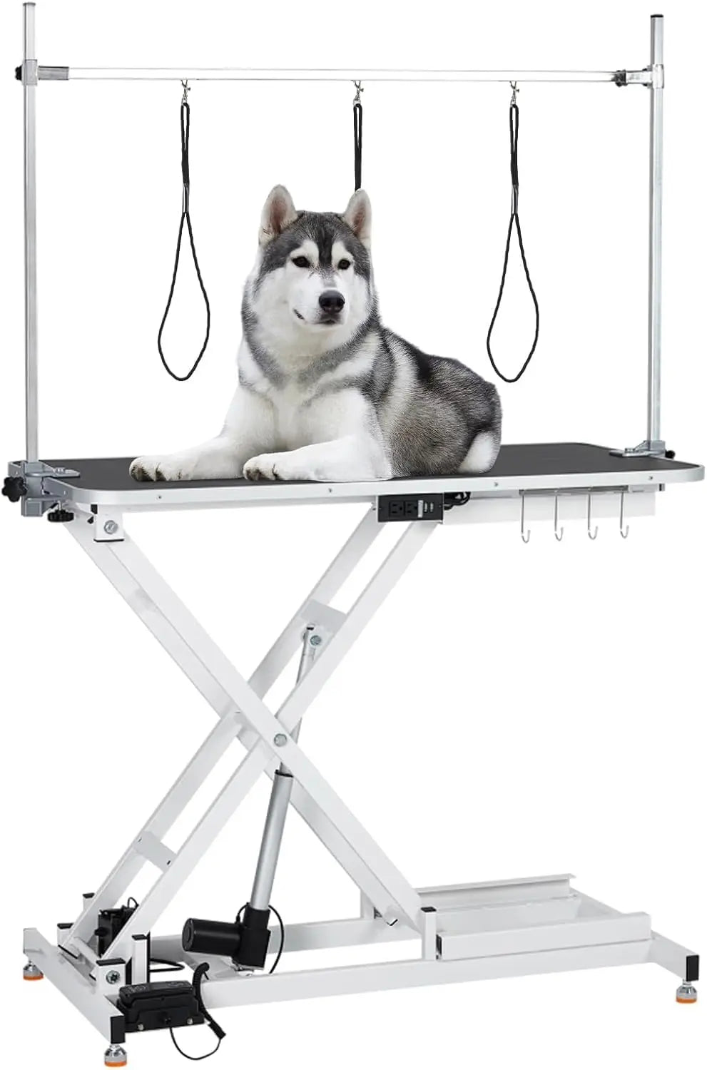 Garvee 47inch Cat Dog Pet Electric Height Adjustable Table Grooming Table 9.4-39.4inch Lift Range, 264 lb Capacity, Foot Control, Anti-Slip Top, 3 Nooses, Arm, Hooks, Tool Organizer and Locking Wheels