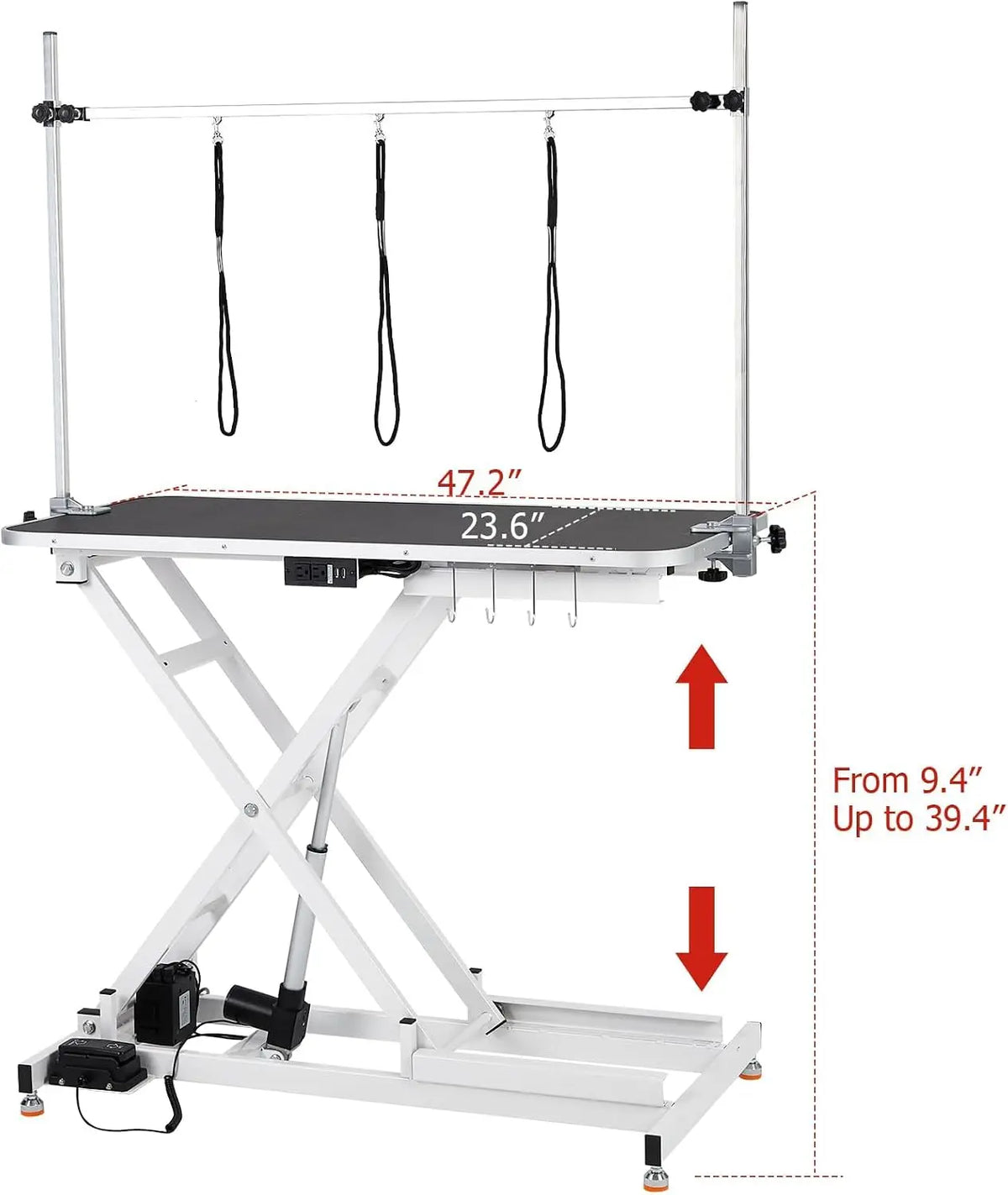 Garvee 47inch Cat Dog Pet Electric Height Adjustable Table Grooming Table 9.4-39.4inch Lift Range, 264 lb Capacity, Foot Control, Anti-Slip Top, 3 Nooses, Arm, Hooks, Tool Organizer and Locking Wheels
