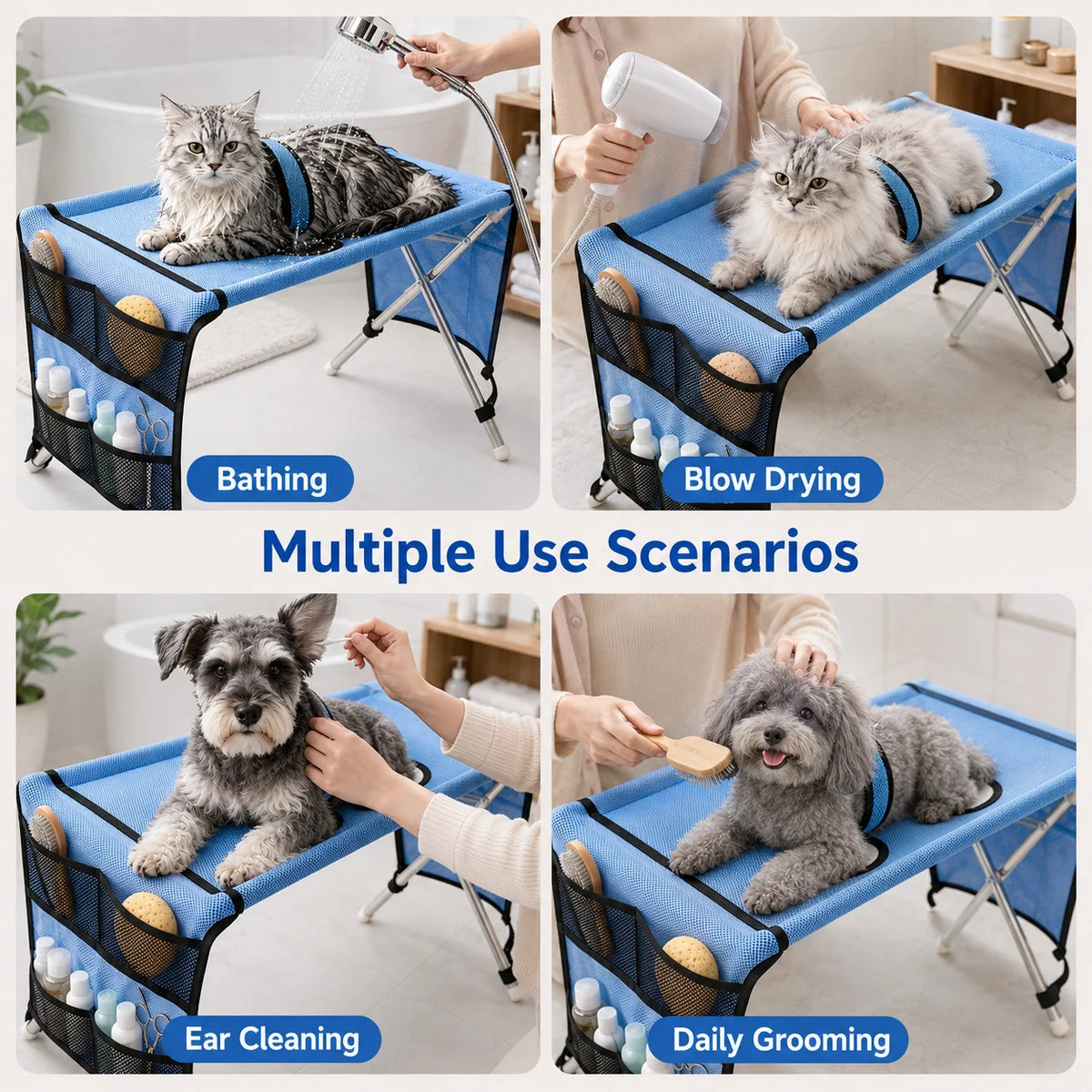 Pet Grooming Hammock Stand Foldable Dog Bathing Table Breathable Mesh Washing Support with Storage Pockets for Home Salon