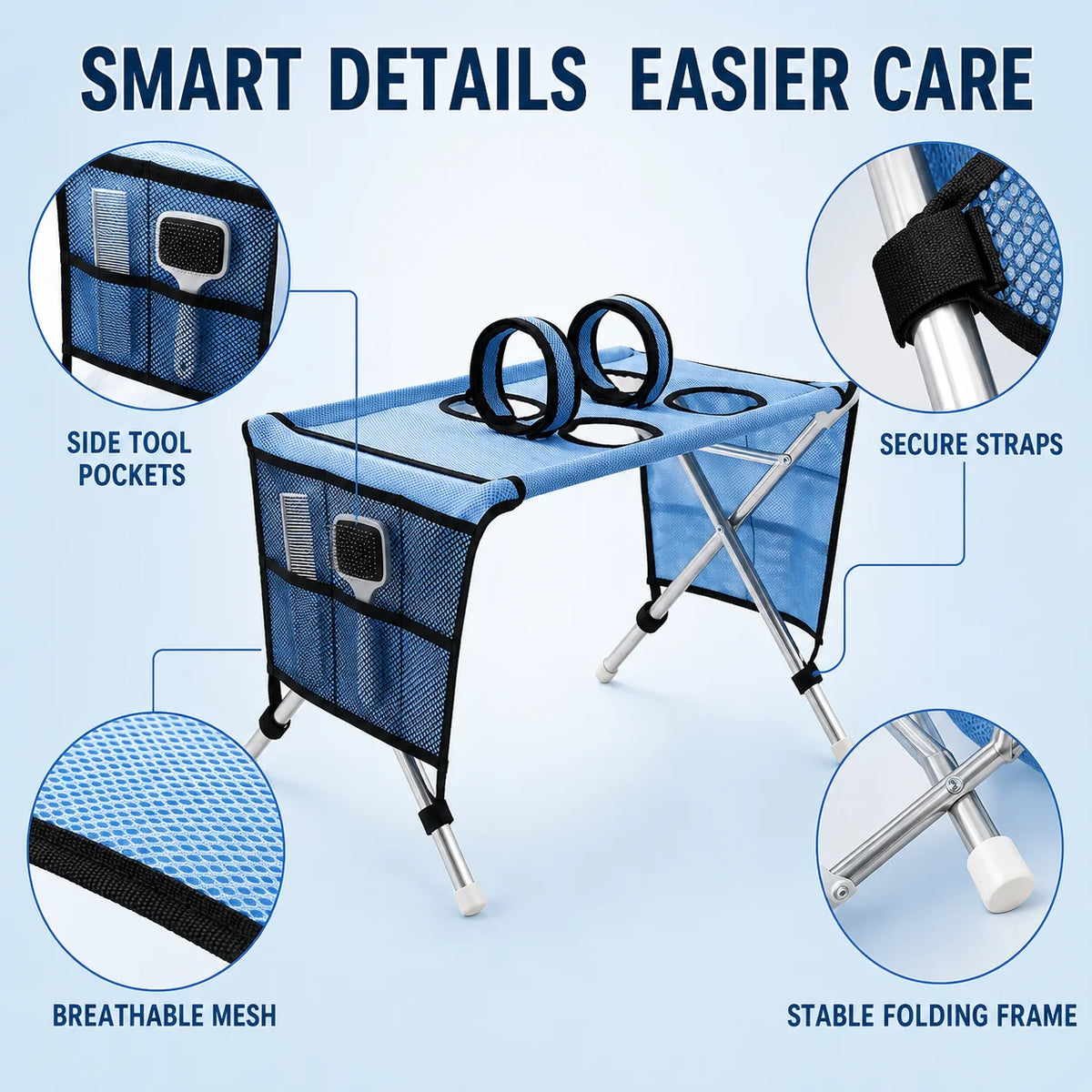 Pet Grooming Hammock Stand Foldable Dog Bathing Table Breathable Mesh Washing Support with Storage Pockets for Home Salon