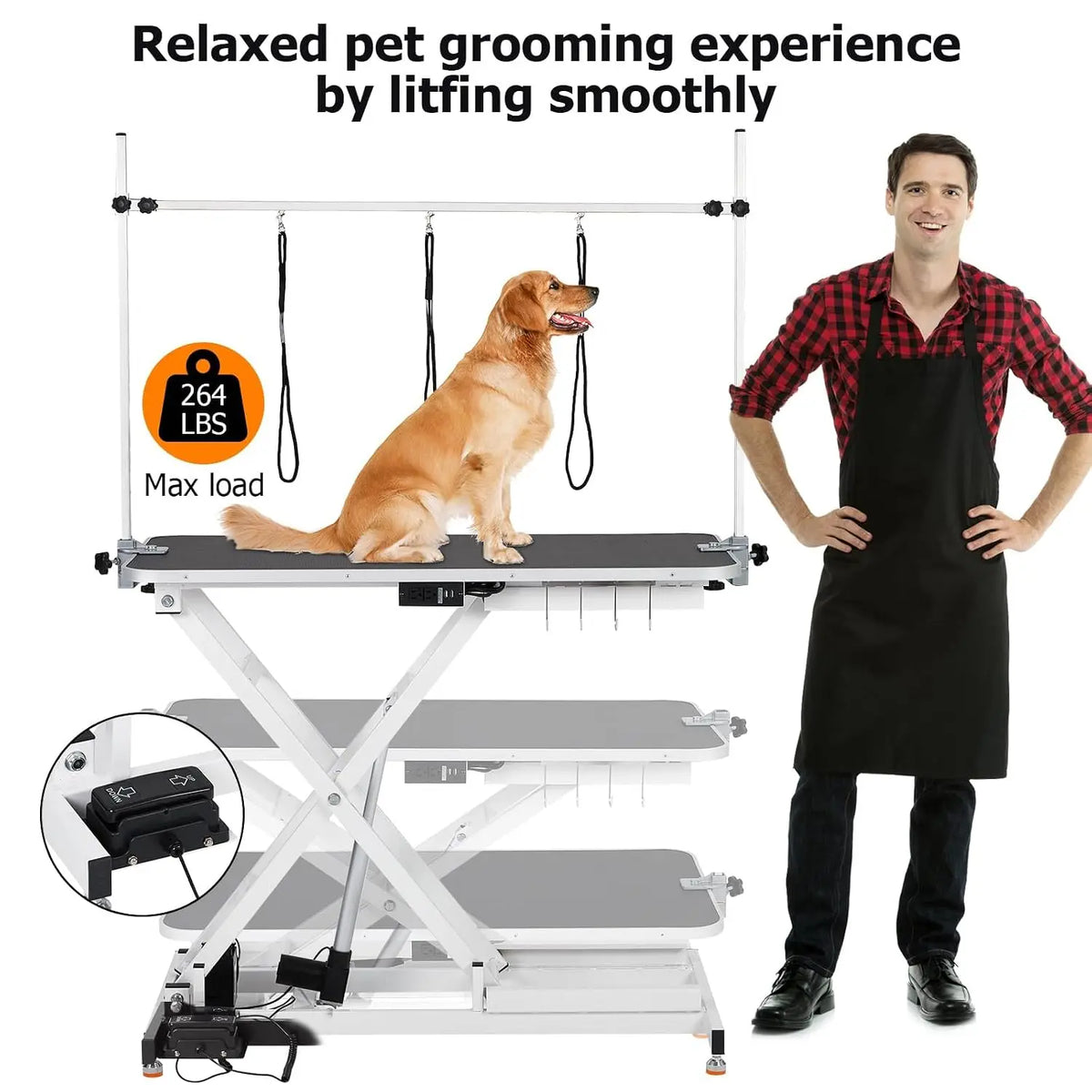 Garvee 47inch Cat Dog Pet Electric Height Adjustable Table Grooming Table 9.4-39.4inch Lift Range, 264 lb Capacity, Foot Control, Anti-Slip Top, 3 Nooses, Arm, Hooks, Tool Organizer and Locking Wheels