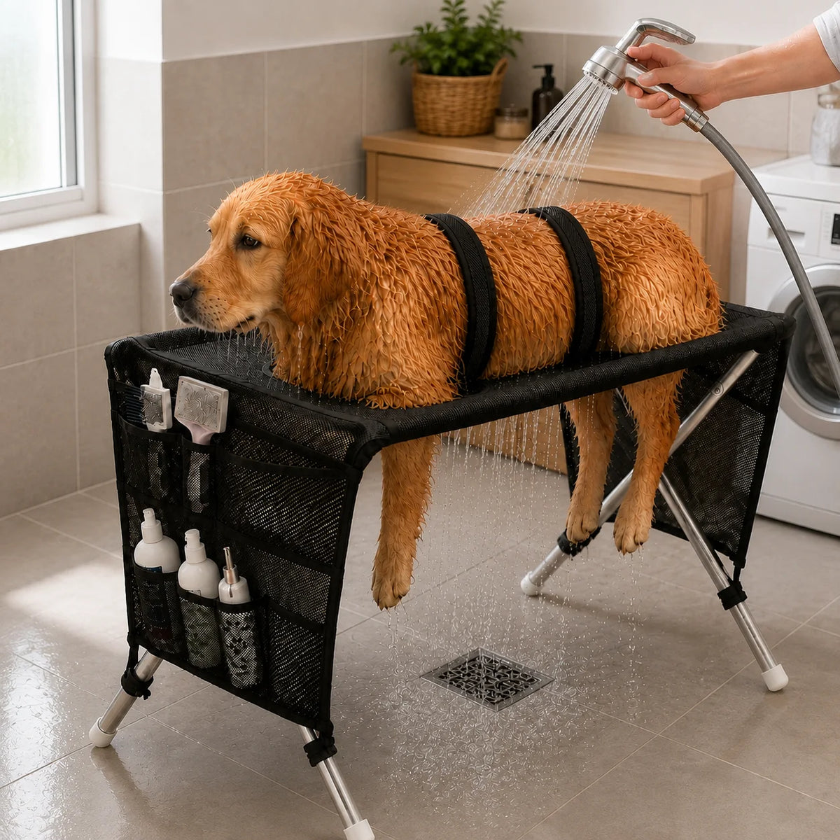 Pet Grooming Hammock Stand Foldable Dog Bathing Table Breathable Mesh Washing Support with Storage Pockets for Home Salon