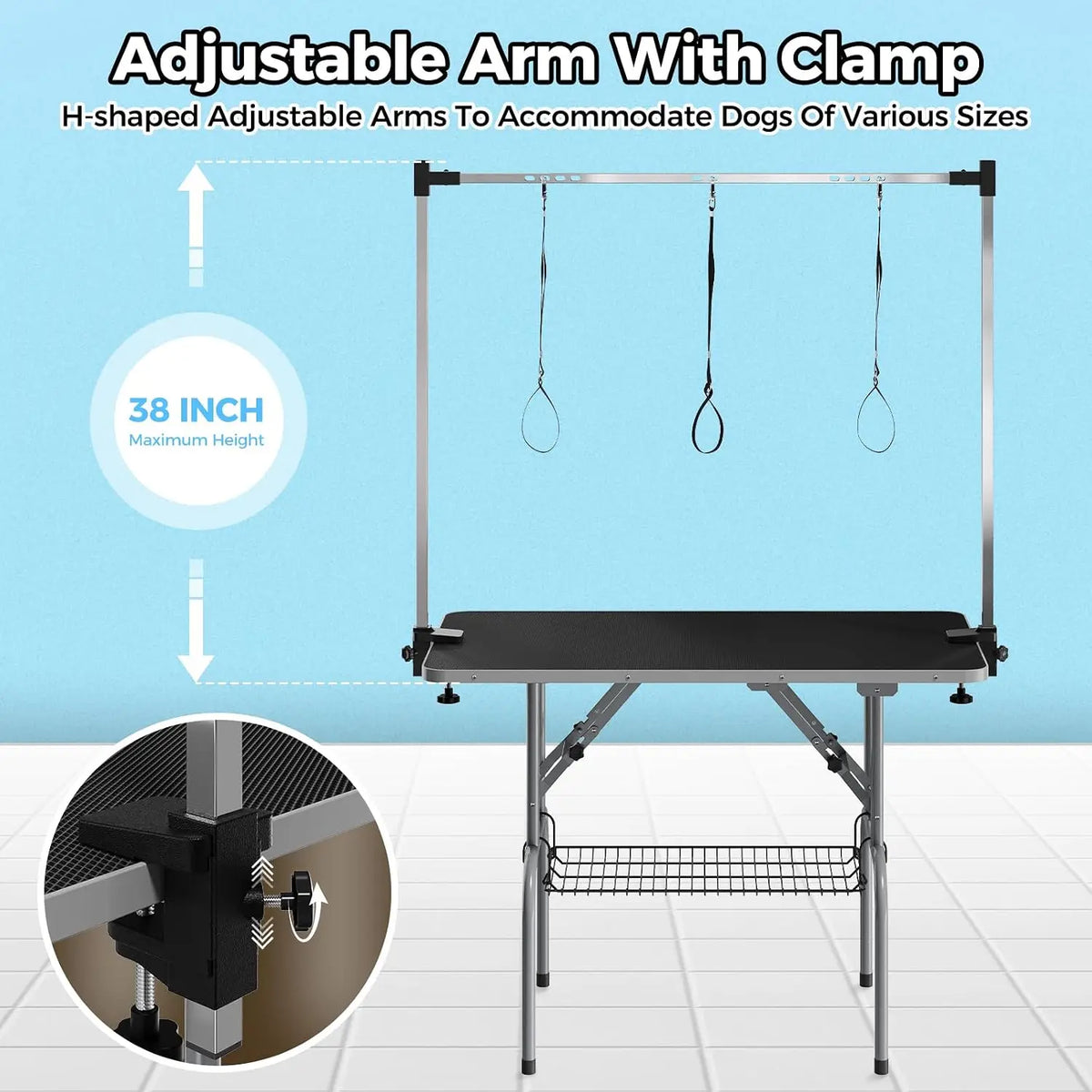 Garvee 42Inch Foldable Dog Grooming Table Professional Pet Grooming Station 350lbs Stainless Steel Table Adjustable H Arm Mesh Storage Basket Waterproof Anti-Slip Top, 3 Safety Nooses for All Dogs